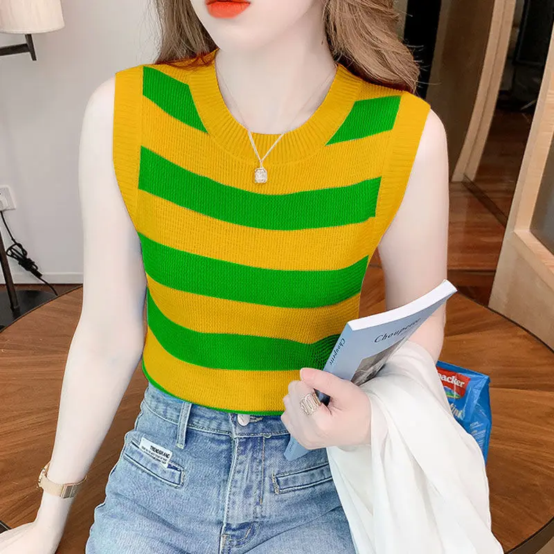 

Fashion Printed O-Neck Spliced Striped Sleeveless Blouse Women's Clothing 2023 Summer New Casual Pullovers All-match Shirt