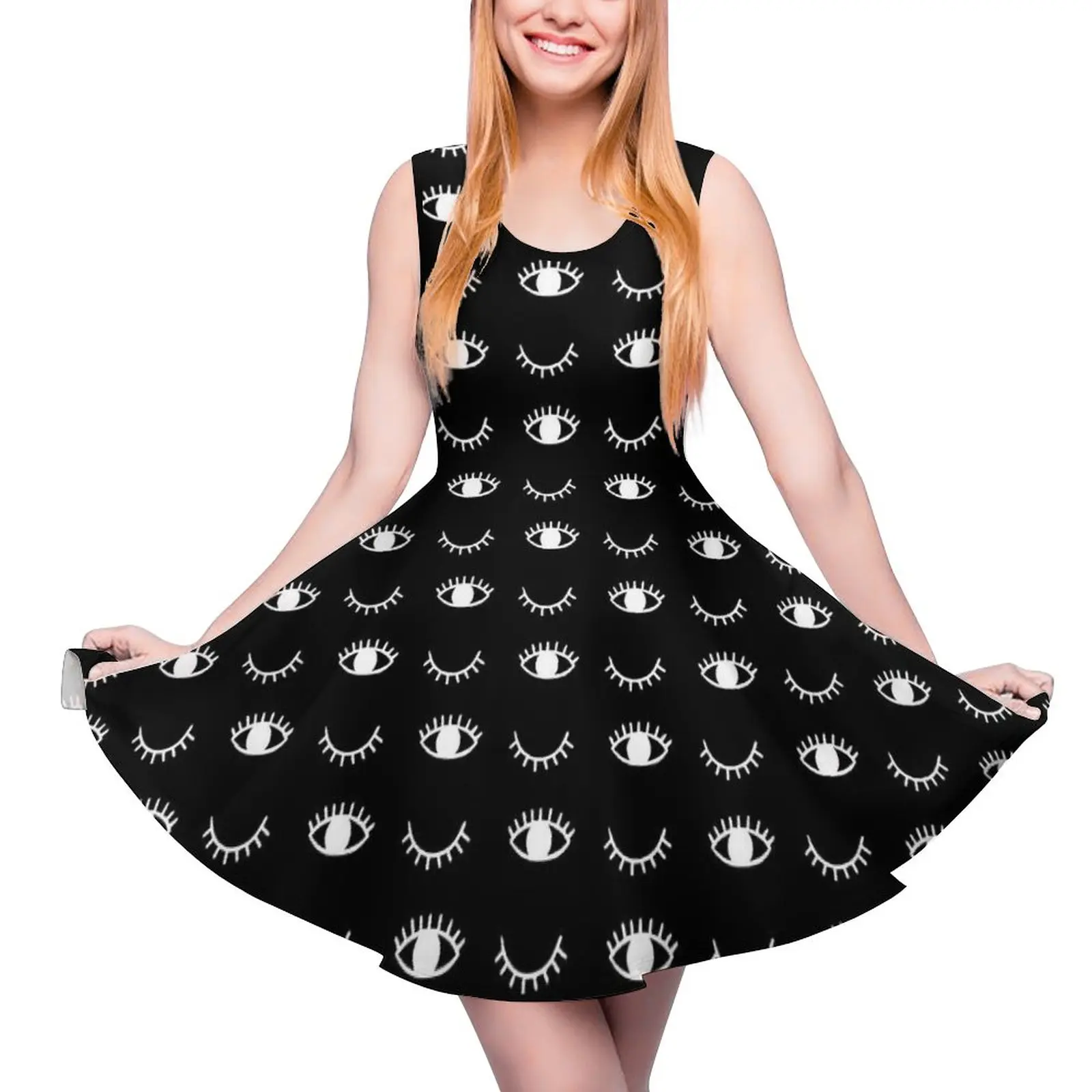 

Eyelashs Print Dress High Waist Sleepy Eyes Casual Dresses Summer Womens Oversize Club Design Skate Dress