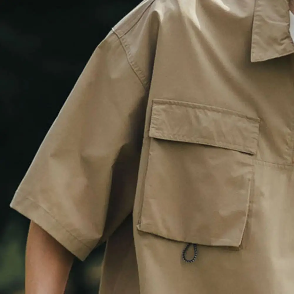 Рубашка мужская с карманами Свободная блуза полурукавами отложным воротником на