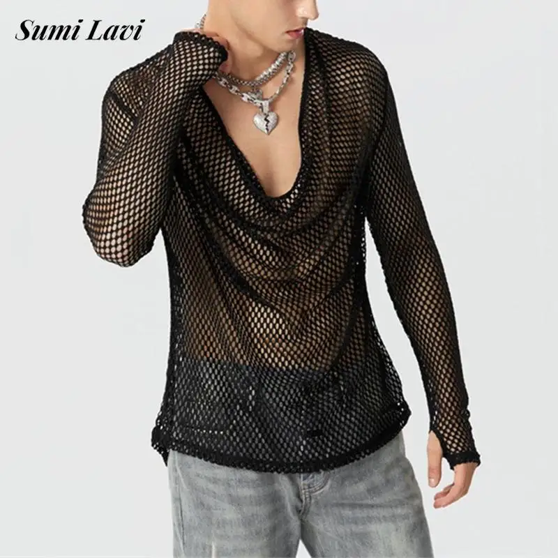 

Party Fashion Mesh T-shirts Men Sexy Loose V Neck Tops Night Club Gay Clothing Y2K Tee Hollow Out Breathable See Through T Shirt