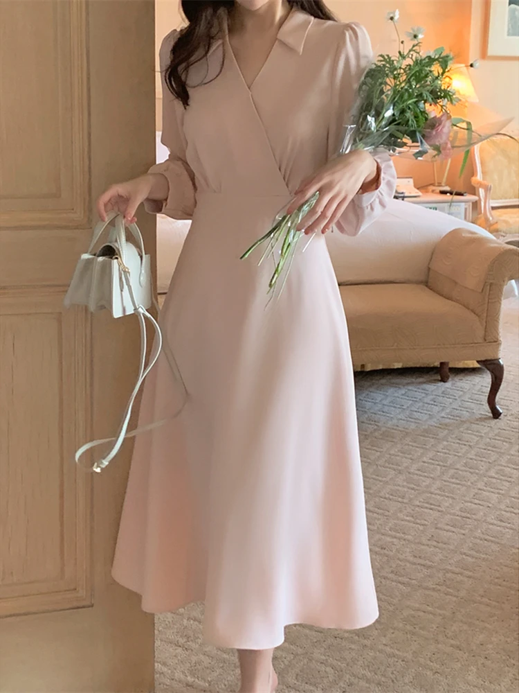 

Korean Fashion Women Midi Party Dress Long Sleeve Vintage A-Line Autumn Vestidos Female Slim Chic One Pieces Robe Clothings New
