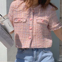 korean style chic summer short sleeve o neck cropped jacket for women elegant tweed single breasted outwear lady sweet shirt top