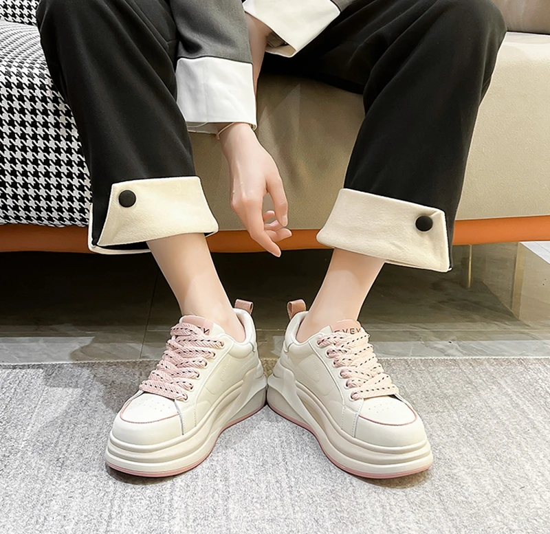 Autuspin Women Sneakers Fashion Casual Lace-Up Sports Shoes Spring Autumn Genuine Leather Flats Platforms Wedges Shoes Woman