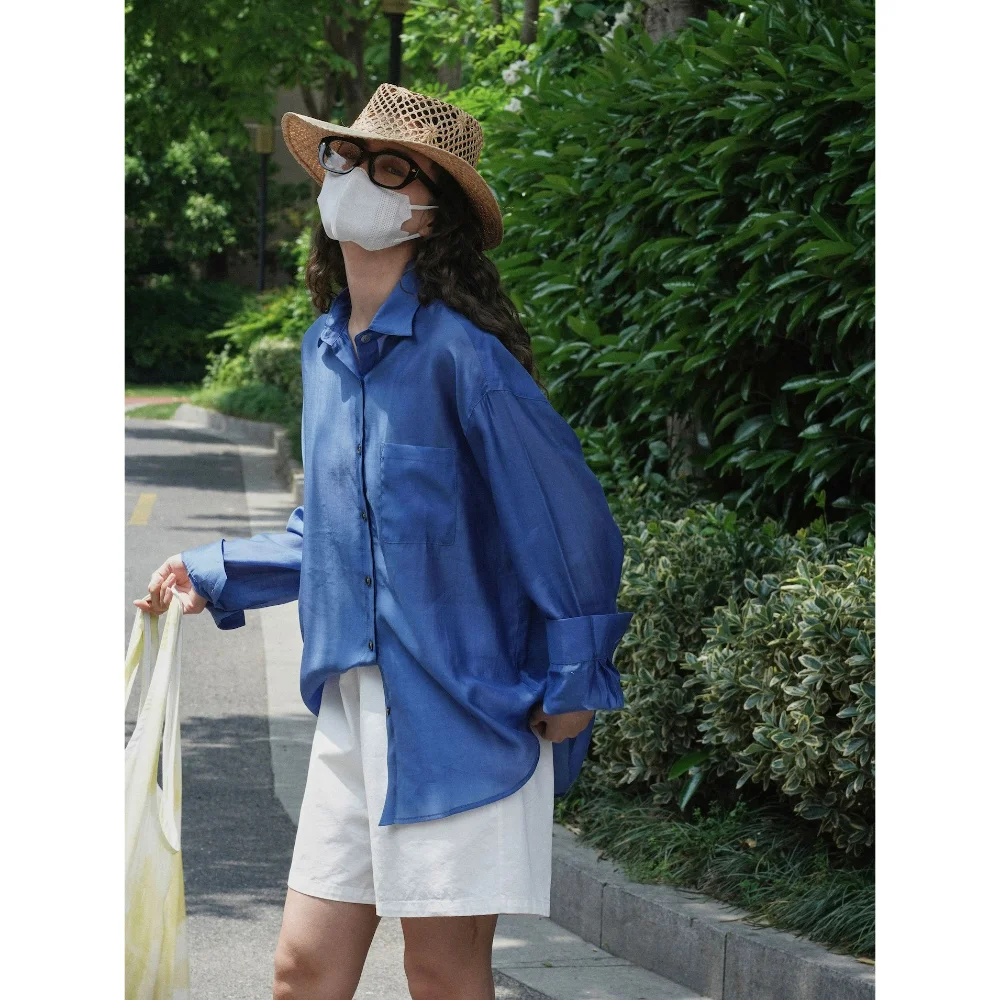 

Summer Blue Shirts Lyocell Tops Women Thin Lapel Sunscreen Fashion Loose Silhouette Lightness Blouses Refreshing Sun Protection