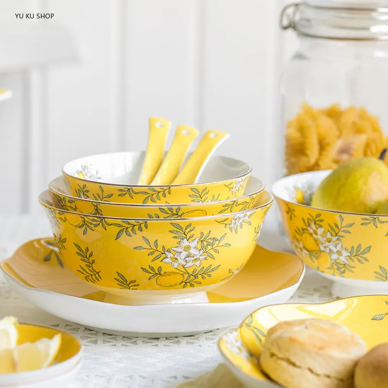 

British Lemon Tree Tableware Set Bone China Blow Dinner Plate Dish Spoon Home Kitchenware Dinnerware Porcelain Dinner Set Gift