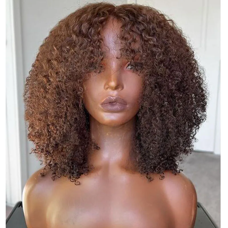 Golden Auburn Brown Afo Kinky Curly Remy Human Hair Wigs for Black Women Curly Bangs Pre Plucked Glueless Fringe Full Lace Wigs