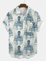 molilulu mens fashion vintage clothing octopus short sleeve breathable loose printing hawaiian shirts