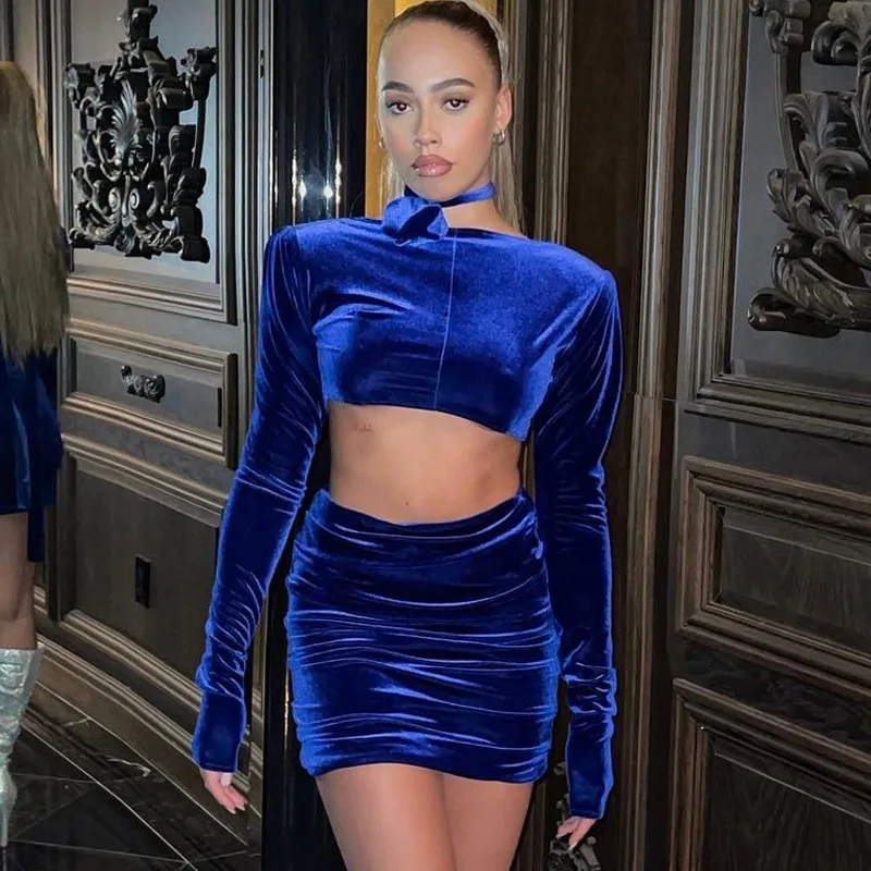 

Velvet Sexy Mini Dress Sets Bodycon Blue Draped Fashion Matching Sets Birthday Slim Hot Party Night Club Outfits 2023 Spring