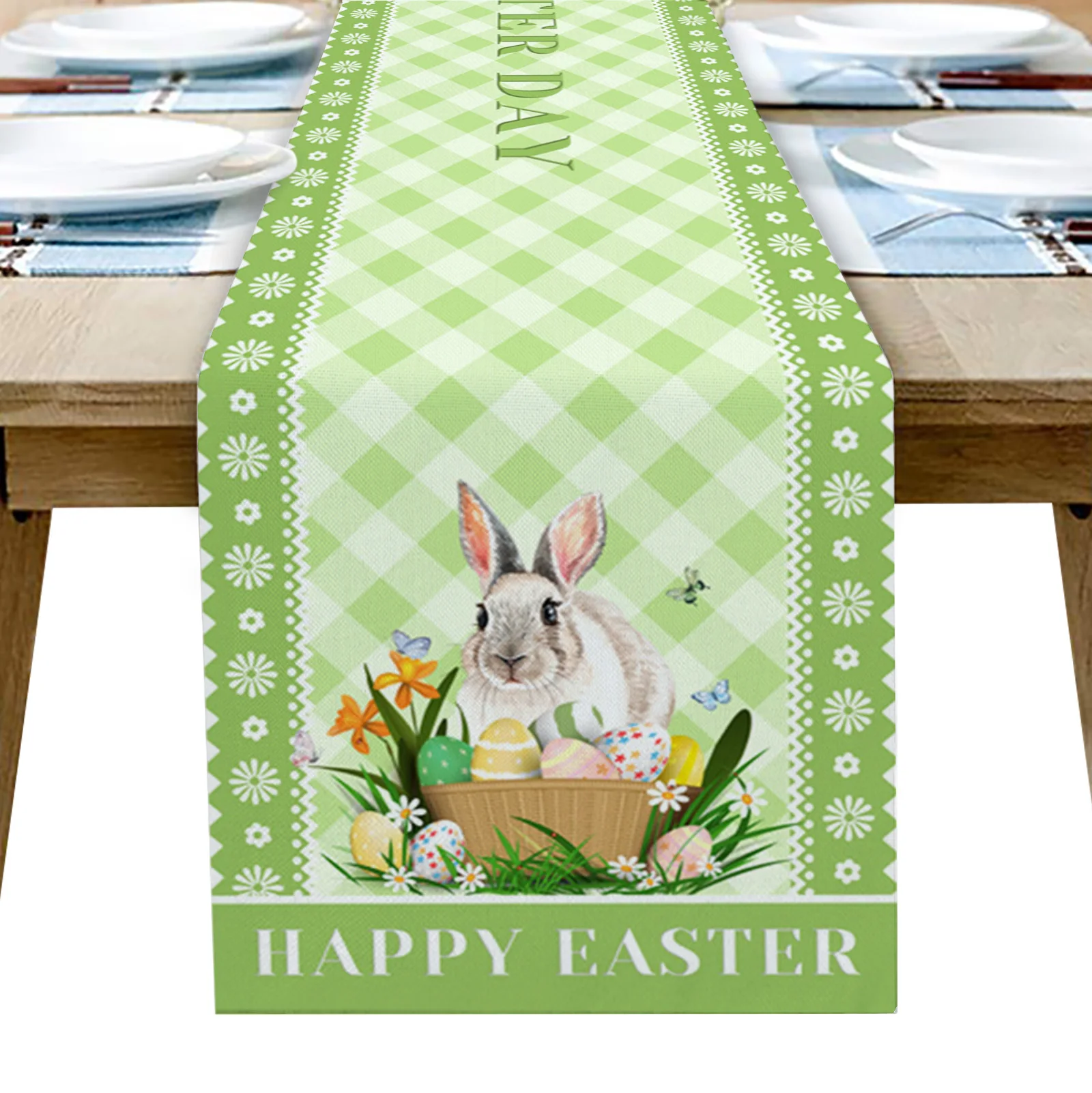 

Пасхальный кролик яйцо зеленая клетчатая настольная дорожка украшение домашний декор обеденный стол украшение стола