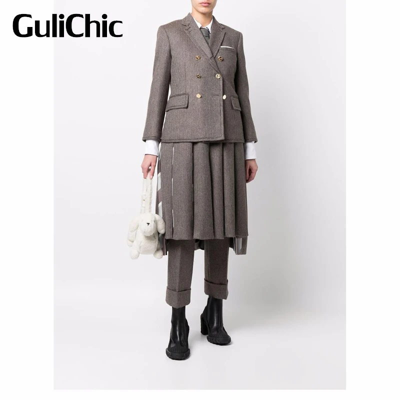 

Женский винтажный комплект GuliChic 12,28 года, двубортный шерстяной Блейзер с принтом в елочку или повседневные Прямые брюки или плиссированная ...