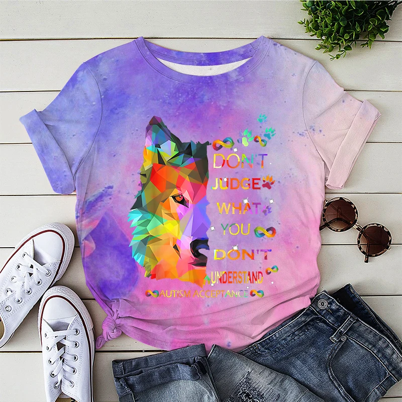 

Футболка с рисунком осведомленности об аутизме, Винтажная Футболка с принтом «волк не судей», модные женские футболки с круглым вырезом, же...