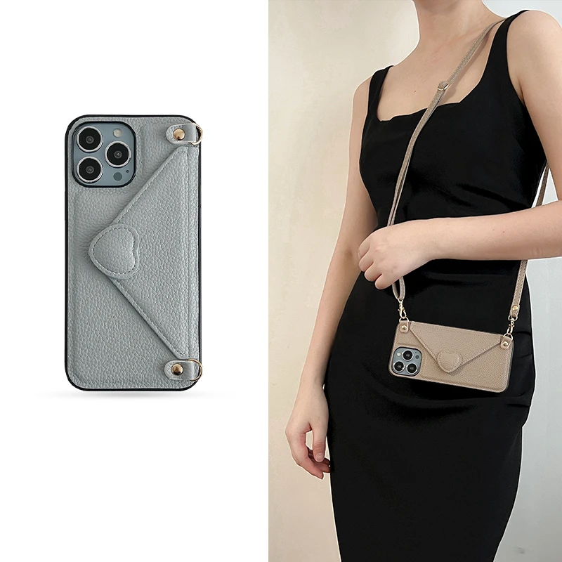 

Love heart buckle Envelope Crossbody lanyard wallet case for iPhone 11 13pro 11pro 12pro 14 14pro max Card holder leather case