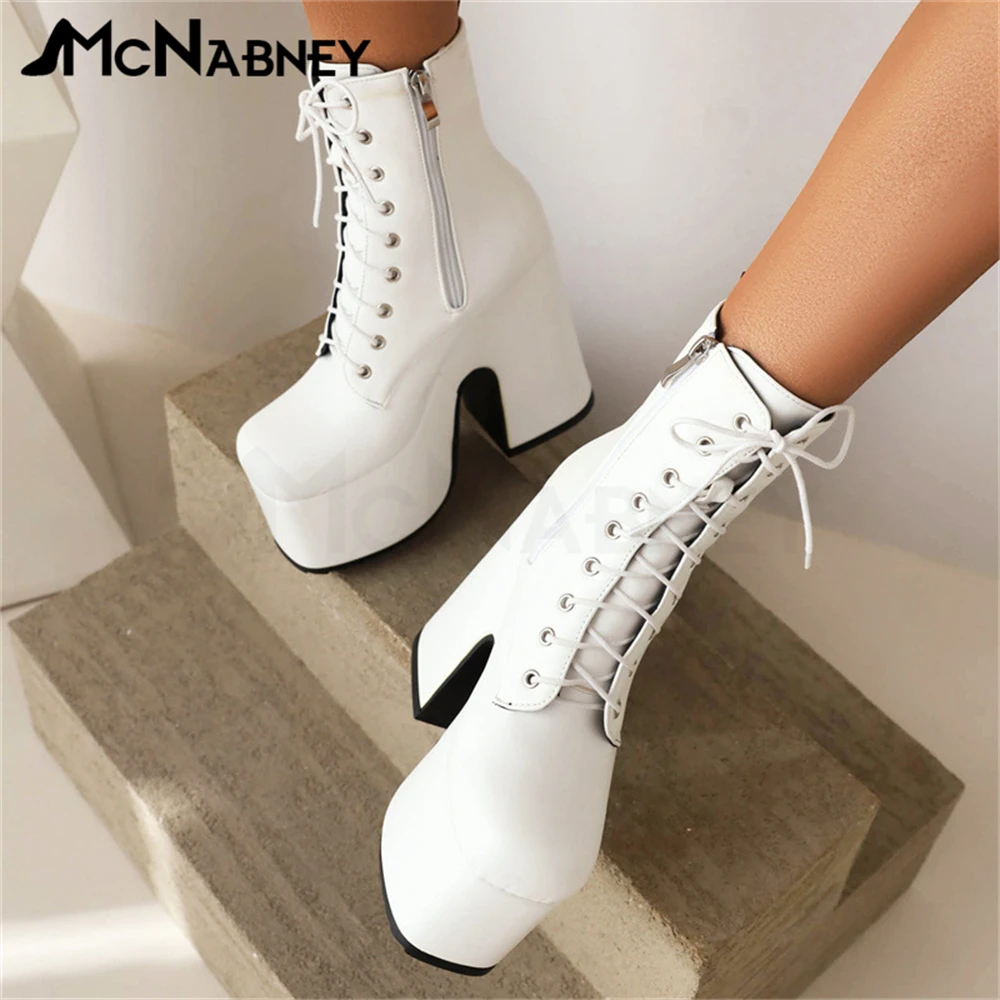 Купи Square Toe Lace Up Women's Boots Modern Boots Platform Shoes for Ladies Punk Style Ankle Boots Lace Up Lace Women Leather Boots за 4,739 рублей в магазине AliExpress