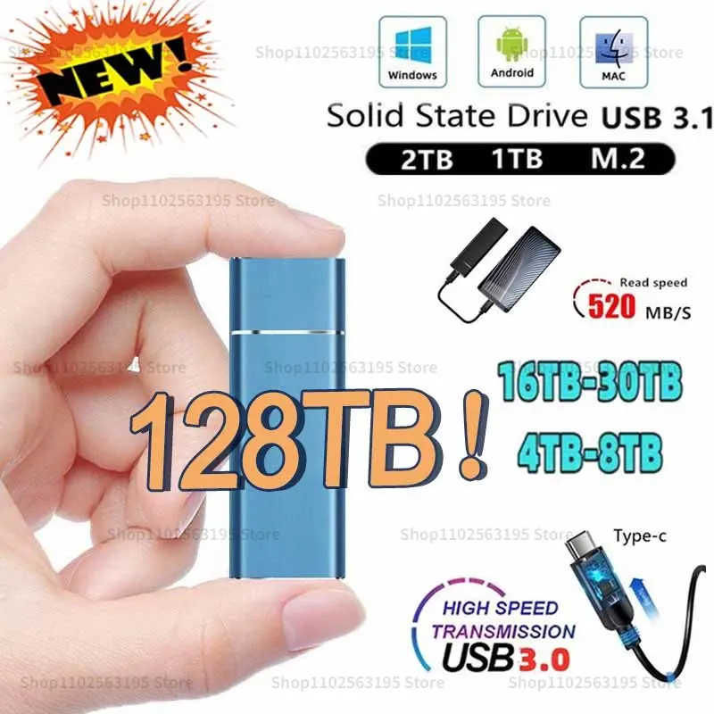 

Original Portable SSD 128TB 1TB 2TB High-speed Mass Storage USB 3.0 External Hard Drive Interface for Laptops Computer Notebook