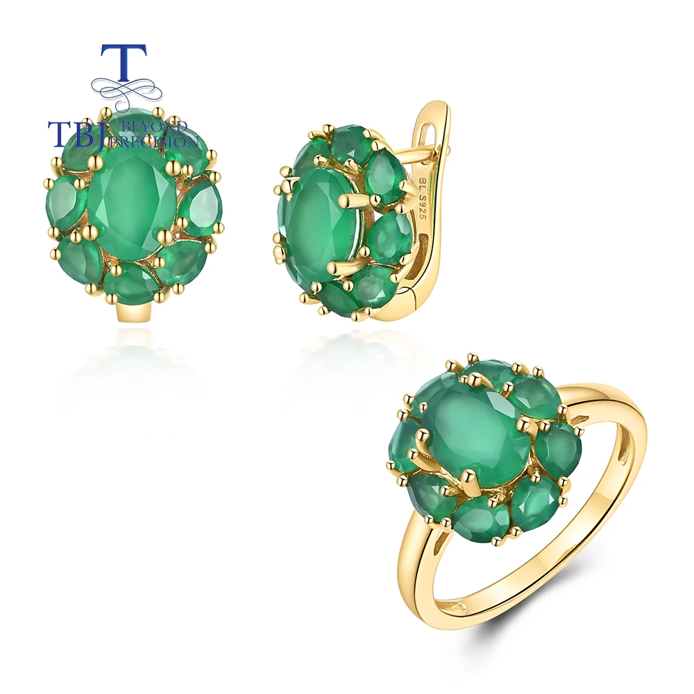 Летнее кольцо с натуральным зеленым агатом серьги комплект ювелирных изделий