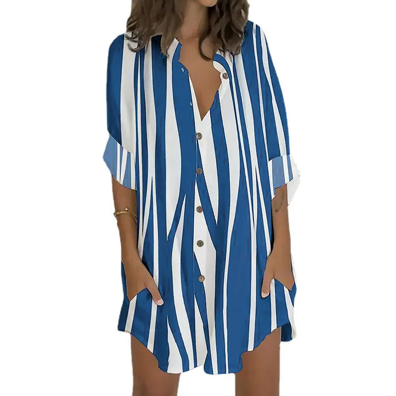 

Summer Women Print Long Sleeve Dress Casual Loose Single Breasted Shirt Dresses Holiday Beach Streetwear Maxi Vestidos Robe