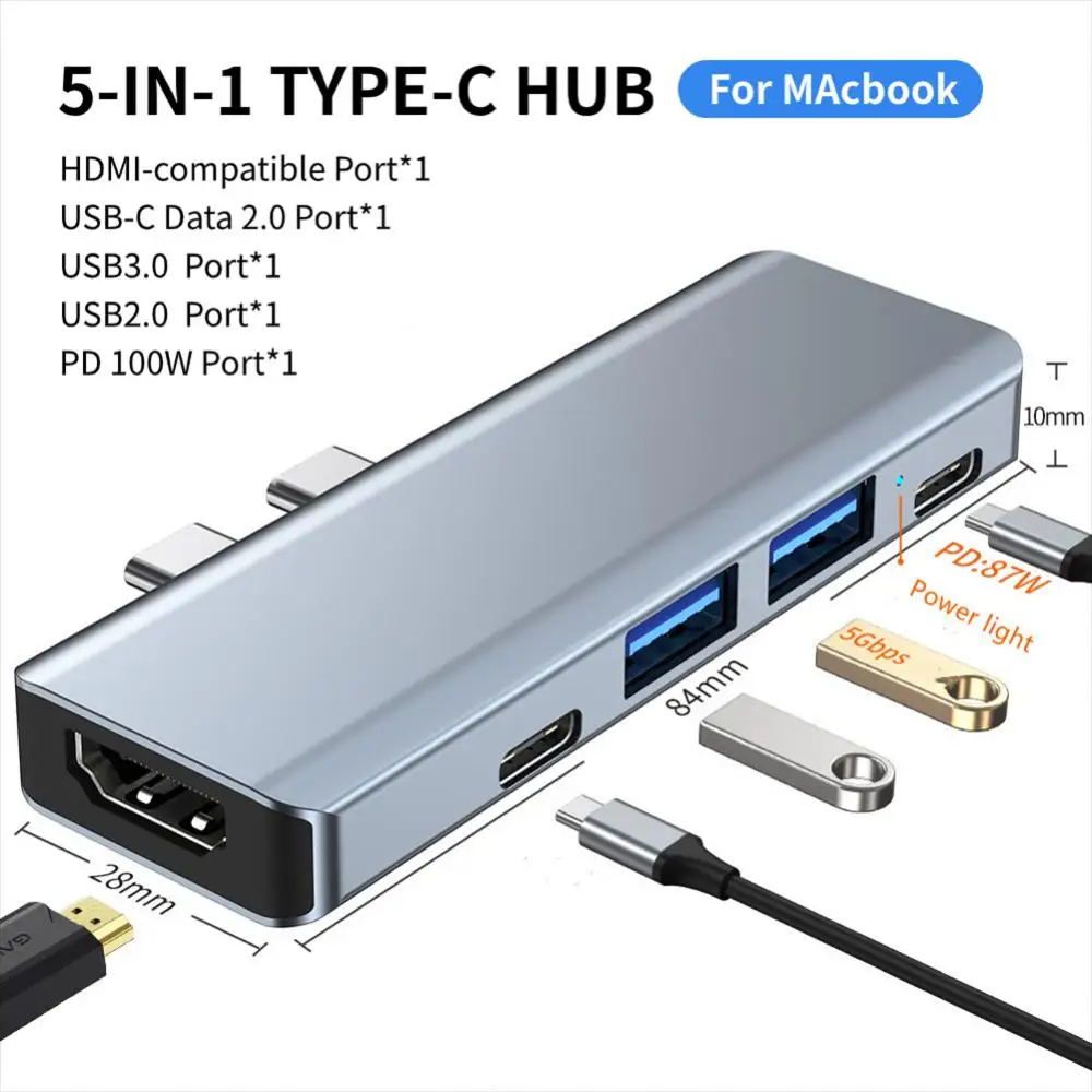 

Mini 4 Port For Macbook Pro 100w Pd Fast Charging 5 In 1 Double Male Type-c Hub Usb Hub Pd 60w Charging Usb2.0/usb3.0 Usb-c Hub