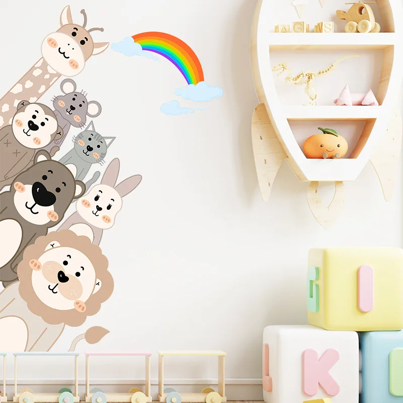 

Nordic Cartoon Animals Rainbow Wall Stickers for Kids Rooms Girls Boys Baby Room Decoration Kawaii Giraffe Bunny Lion Wallpaper