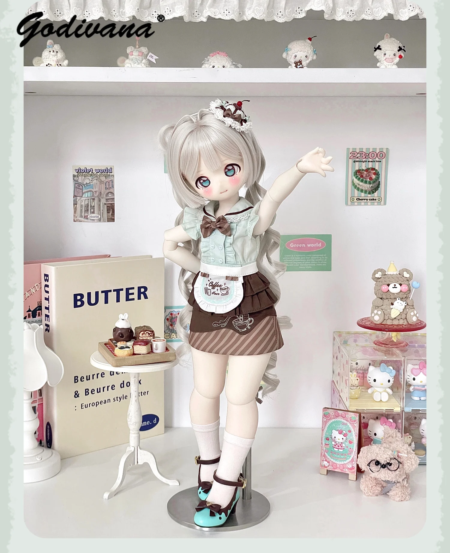 Фото Одежда для куклы Chubby 1/4 BJD: милый наряд горничной в стиле десерта, очаровательная блузка с бантом в стиле кафе с фартуком и юбкой, украшение для волос, костюм для куклы. №1