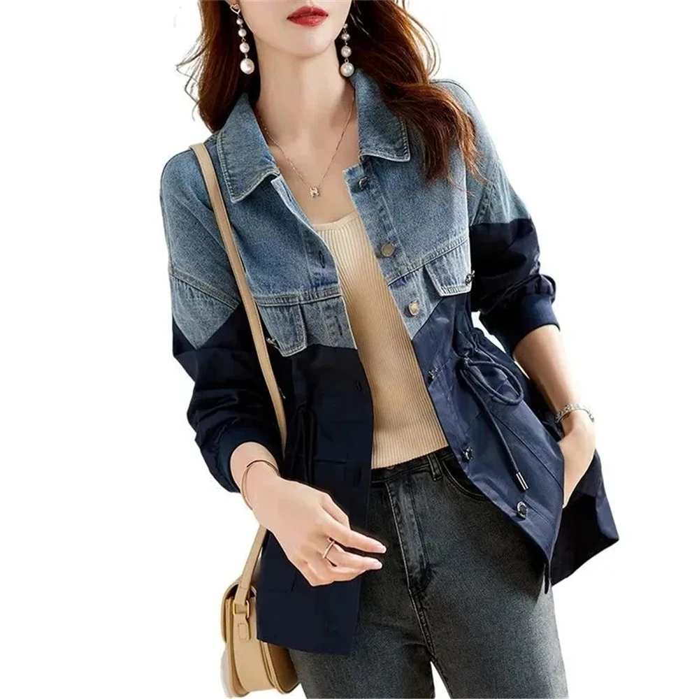 

Denim Jackets Women's Spring Autumn New Trendy Lady Patchwork Loose Jeans Coats Casual Female Outerwear Button Pocket Drawstring