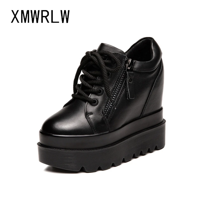 

Женские массивные кроссовки XMWRLW, осенне-зимние женские черные кроссовки из натуральной кожи на толстой подошве, теплая зимняя обувь на высоком каблуке
