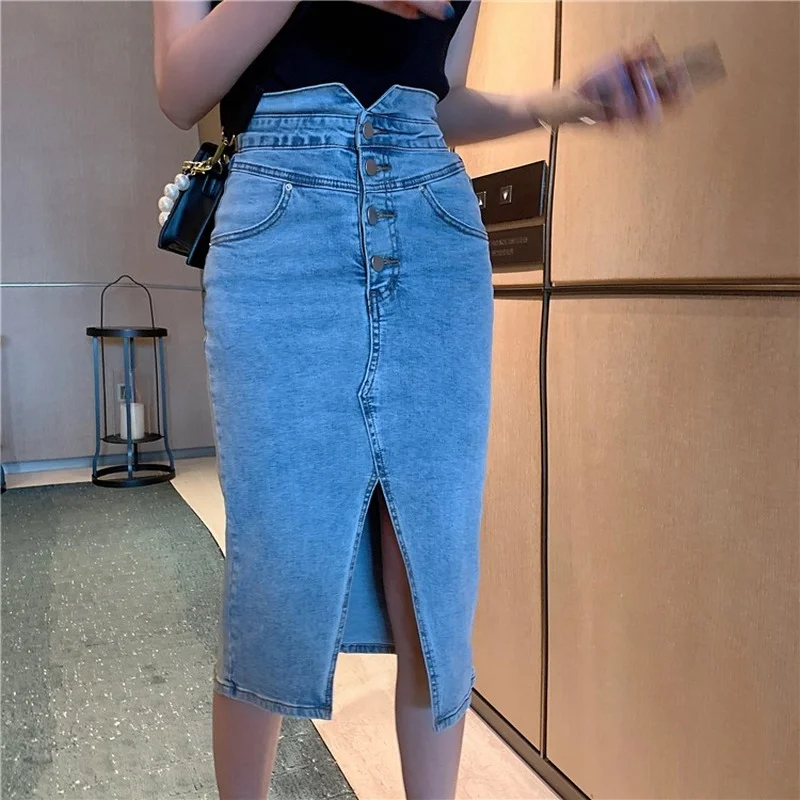 

2021 New Korean Style Elastic Hip Bag Denim Skirts Slim Split High Waist Fashion Button Pencil Long Jeans Kirts Sexy Streetwear