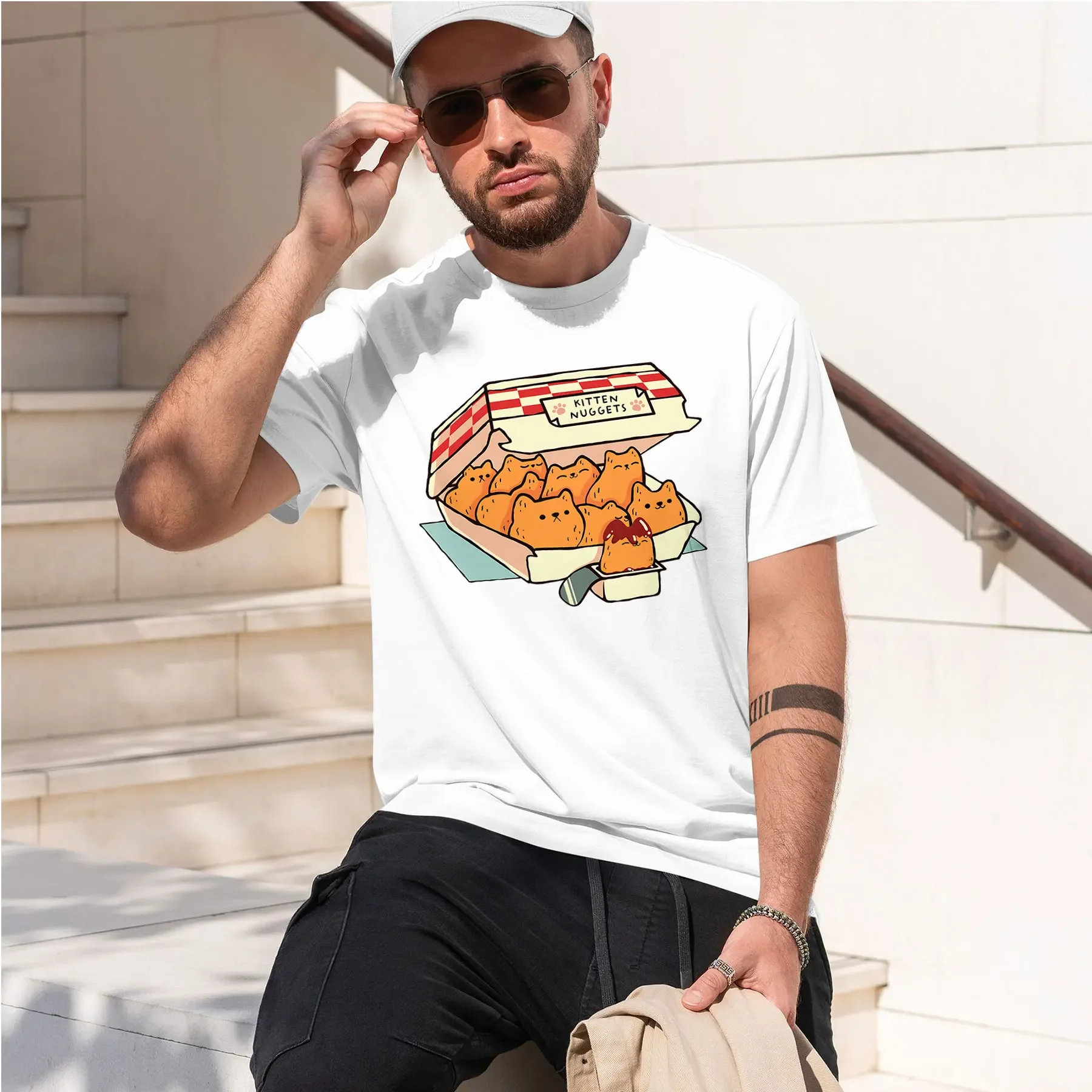 Фото Футболка Kitten Nuggets Fast Food Cat от Tobe Fonseca 2026: новая модная модель, хит продаж, с ретро-принтом, забавным узором, круглым вырезом, из плотной ткани. №3