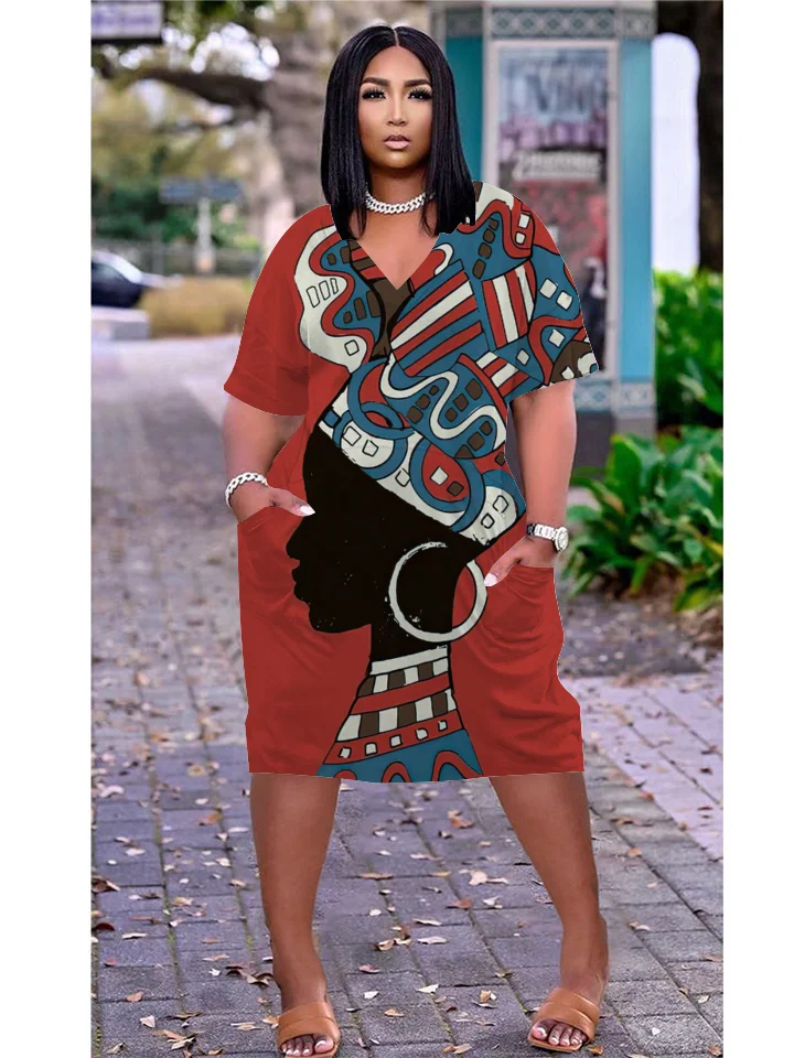 

African Dresses Women Fashion Bohemian 3D Printing Dress Female Slim Sundress Party African Women Dress Lady Knee-Length V-neck