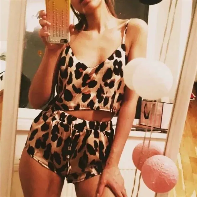 

Lace Sexy Shorts Pajamas Pajama Clothes Pijama Women's Satin Set + Silk Women Sleepwear Tops Leopard Home Nightie Pajamas