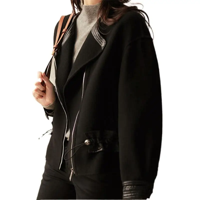 Real Wool Patchwork Genuine Leather Coat Jackets Women Female Sheep Skin Leather Drawstring Short Overcoats Zipper Outwear