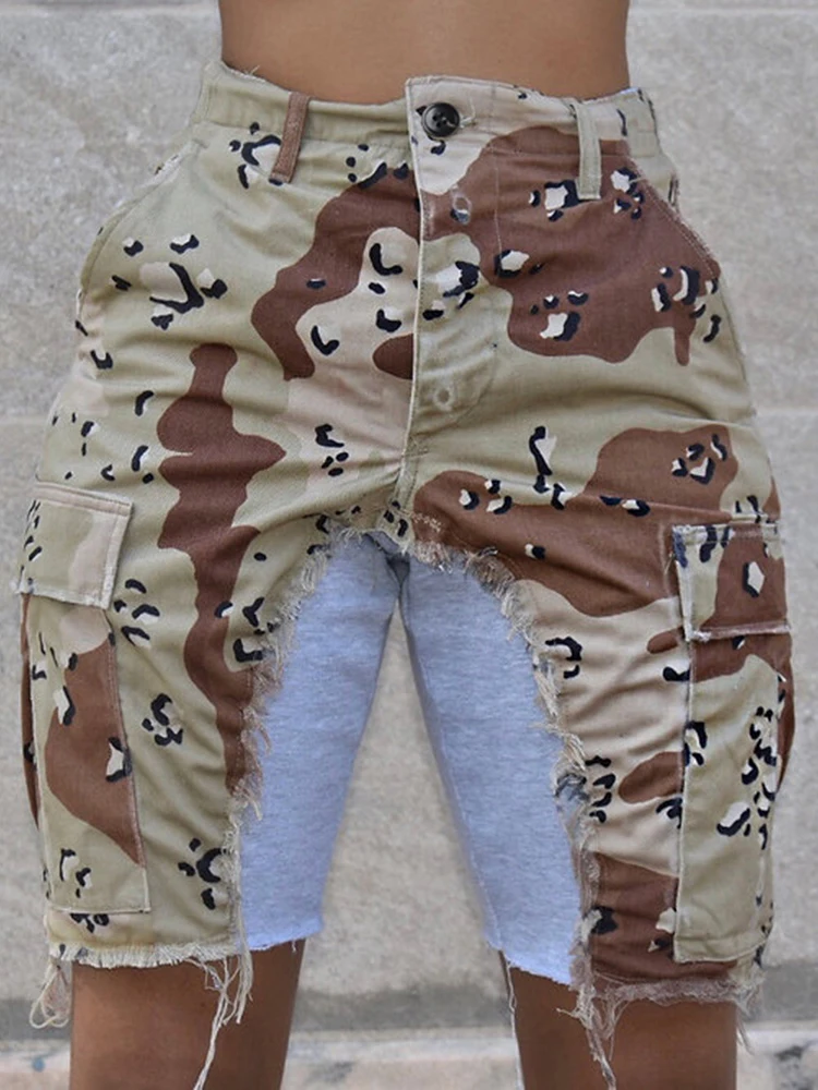 Women's 2023 new sexy fashion slim bump fabric casual camo pocket shorts