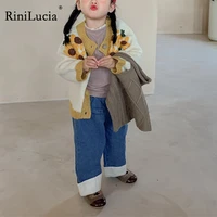 rinilucia 2022 new kids clothes single breast girls sweater vintage style sunflower warm girls cardigans knitted sweater winter