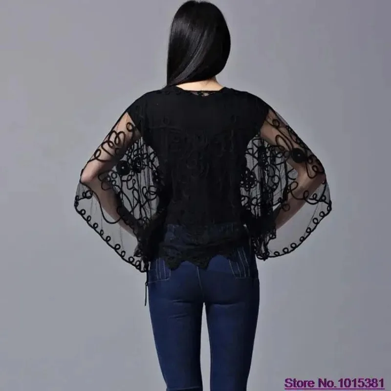 Женская шифоновая блузка с рукавом летучая мышь свободная кружевная рубашка три