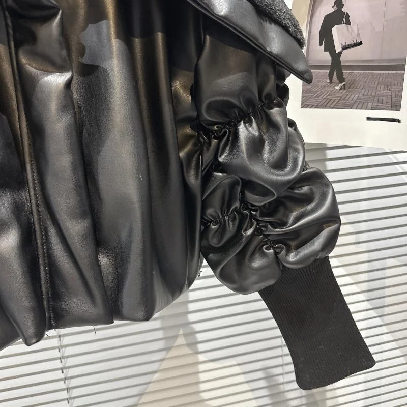 BORVEMAYS 2023 Winter New Fashion Trend Lapel Long Sleeve Solid Color Fur Collar Keep Warm PU Leather Jacket Women  WX367