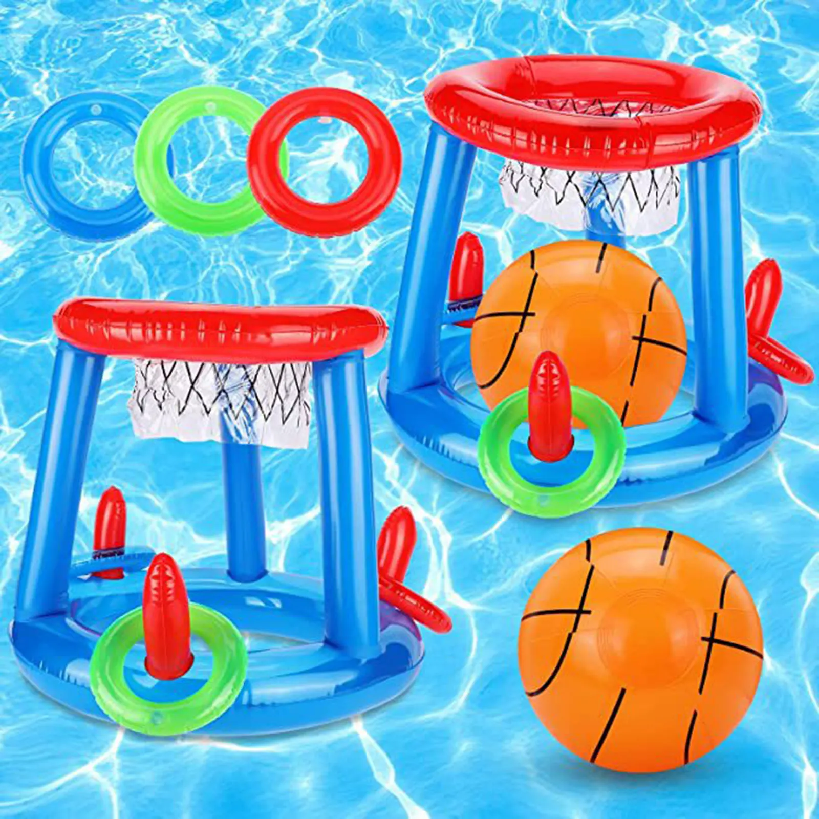 

Swimming Pool Basketball Hoop Set Inflatable Floating Hoops with Ball Toss Rings for Kids Teens Adults Playing Toys