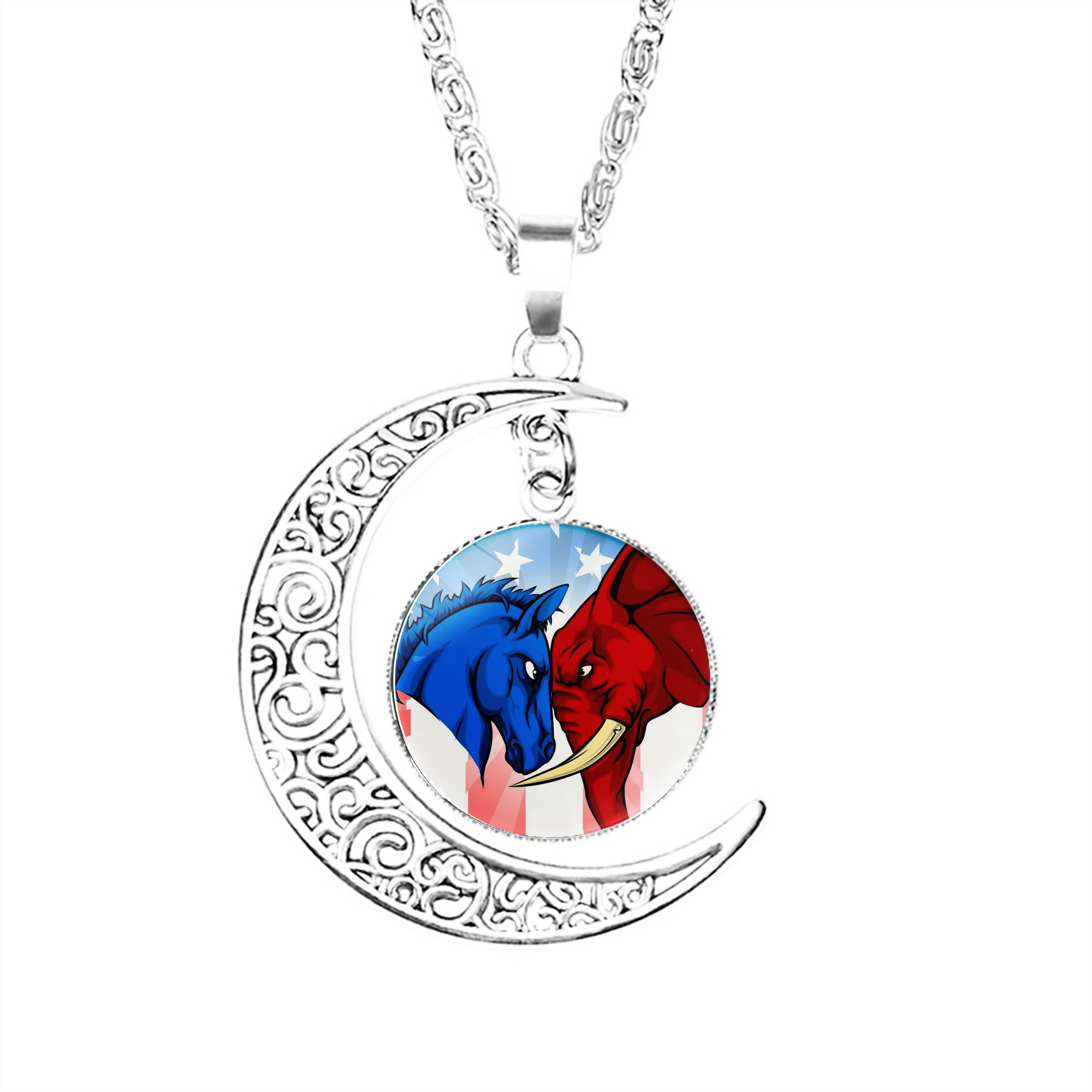 

American Election 2020 With Animal Mascot Moon Necklace Lovers Charm Glass Jewelry Boy Chain Crescent Men Pendant Lady Dome