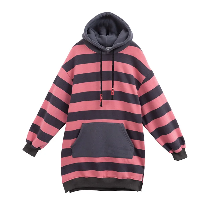 

Pocket Loose Winter Thick Women's Hoodies Long Sleeve Pullover Strips Hooded Sweatshirt Female Fashion Casual Streetwear Tops