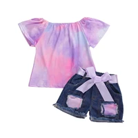 two piece children kids girls outfits tie dye print short sleeve o neck top jeans shorts infant toddler summer sets 1 6t