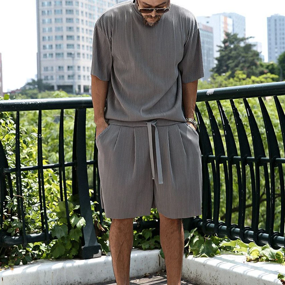 Men Set Suit Summer Stripe Loose Short Sleeve Short Sleeve Solid Harajuku Streetwear Oversize Casual Beach Breathable