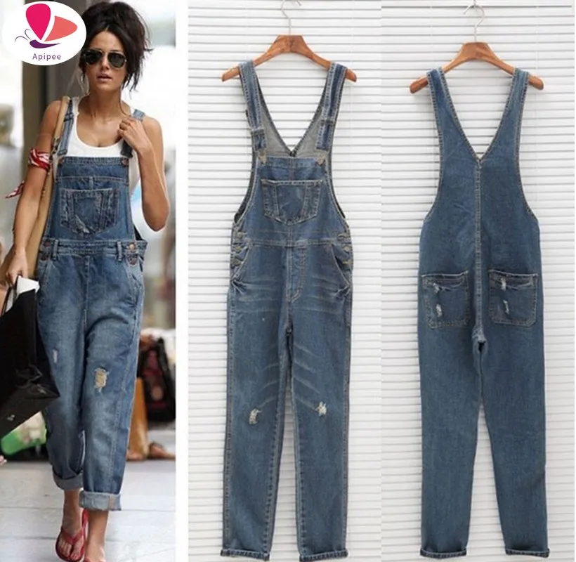 

2024 New Stylish Casual Loose Vintage Women Denim Overalls Scratched Washed Ripped Hole Girl Full Lengt Pants Female Jumpsuits