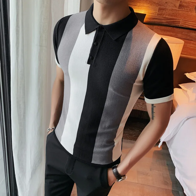 

Мужская трикотажная рубашка-поло с отложным воротником, в полоску