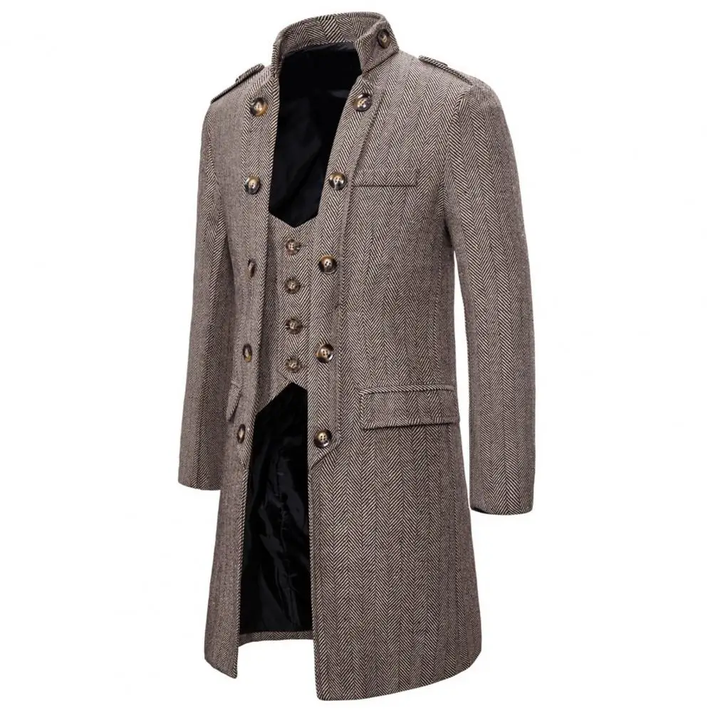 

Men Trench Coat Striped Slim Fit Windproof Mid-length Overcoat Autumn Winter Fake Two Piece Outwear Coat for Daily Wear
