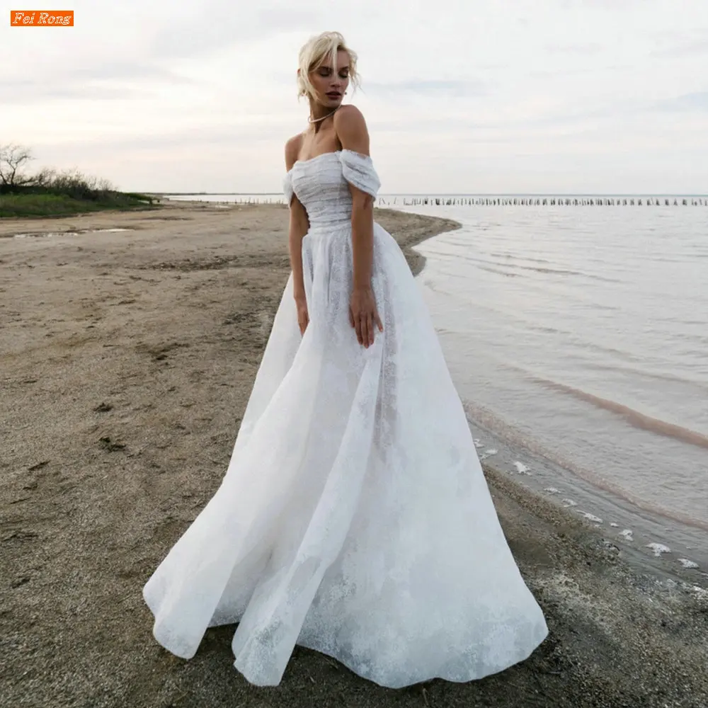 

Fei Rong Off Shoulder Beaded Wedding Dress Vestidos De Novia Boho Pleated Tulle A Line Sweep Train Bridal Gown свадебное платье