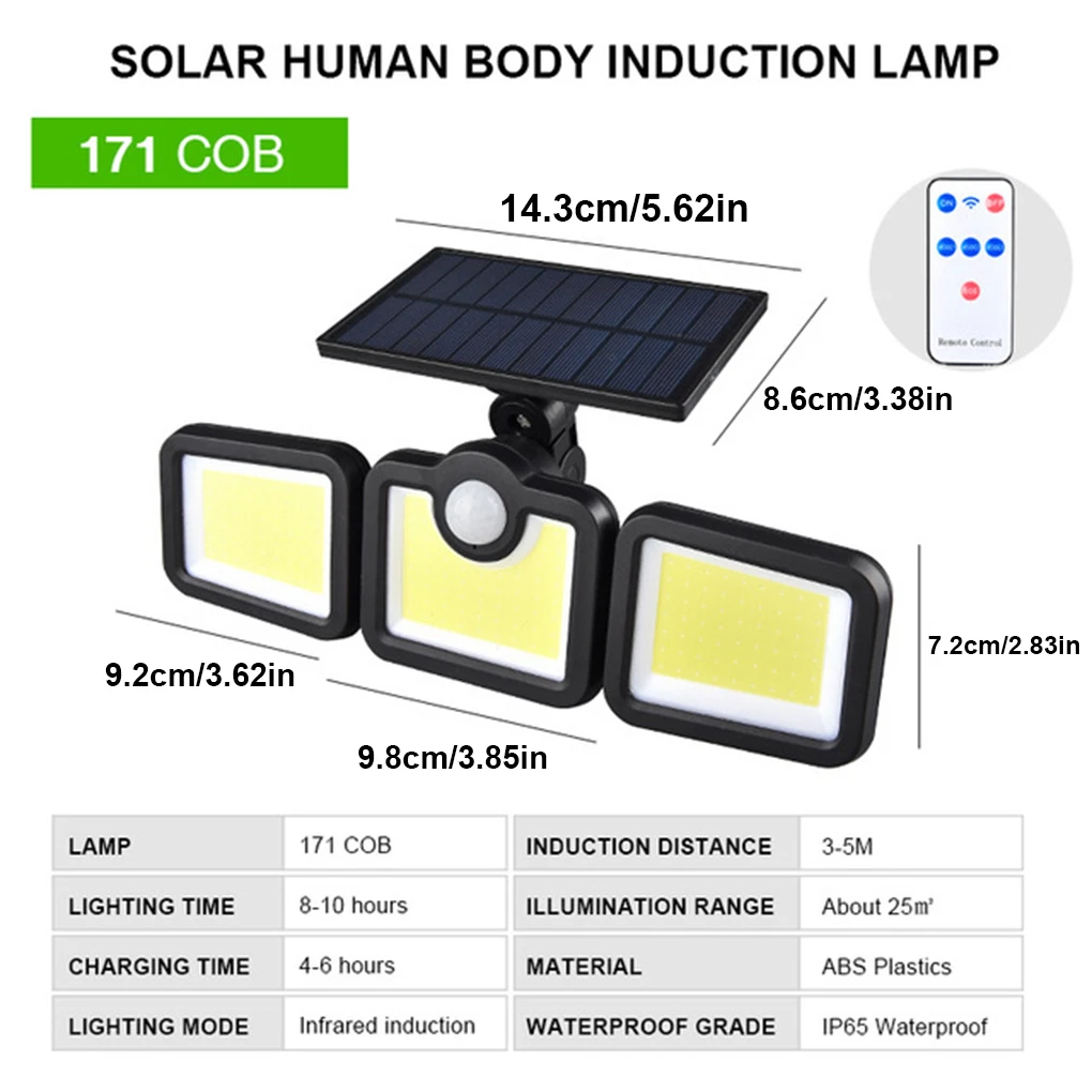 

Pathway Light Solar Power 3 Heads Outdoor Wall Light Adjustable IP65 Waterproof Garden Lamp, 108/122/138/171COB