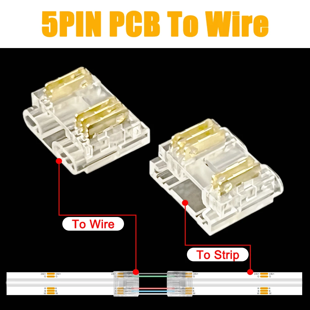 

5-контактная 6-контактная светодиодная лента COB, беспаечный разъем, прозрачные беспаечные зажимы для гибких лент RGB 12 мм FCOB RGBW RGBCCT
