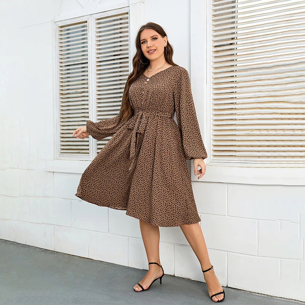 

Plus Size Lantern Long Sleeve Midi Dresses Women V Neck Button Belted Spring And Summer Casual Loose Large Dress XL-3XL 4XL