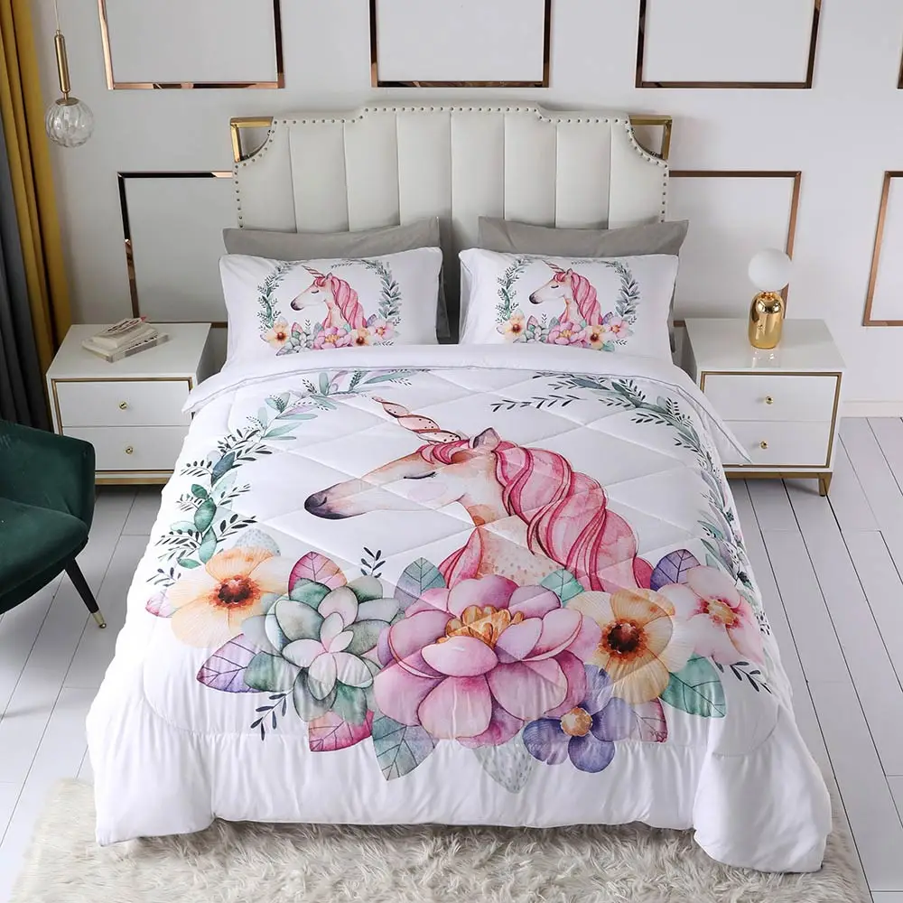 

Papa&Mima Unicorn Flowers Quilted Quilt Queen King Winter Comforter Set Brushed Sanding Microfiber Polyester Blanket