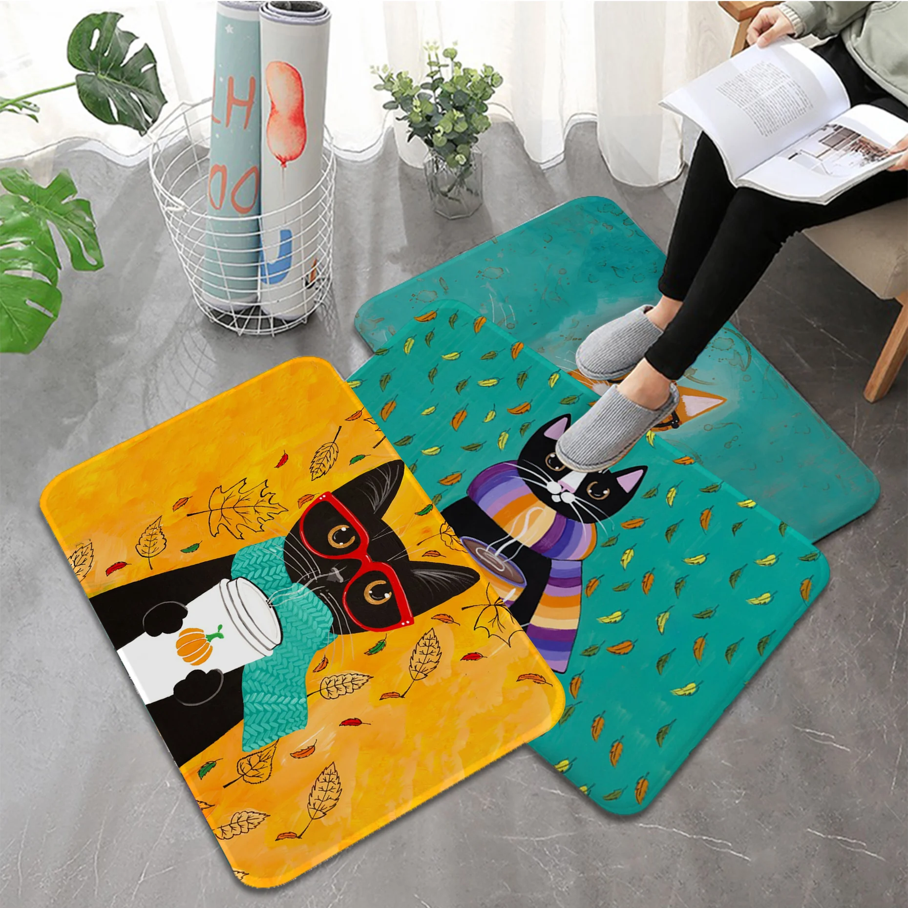 

Coffee Cat Printed Flannel Floor Mat Bathroom Decor Carpet Non-Slip For Living Room Kitchen welcome Doormat