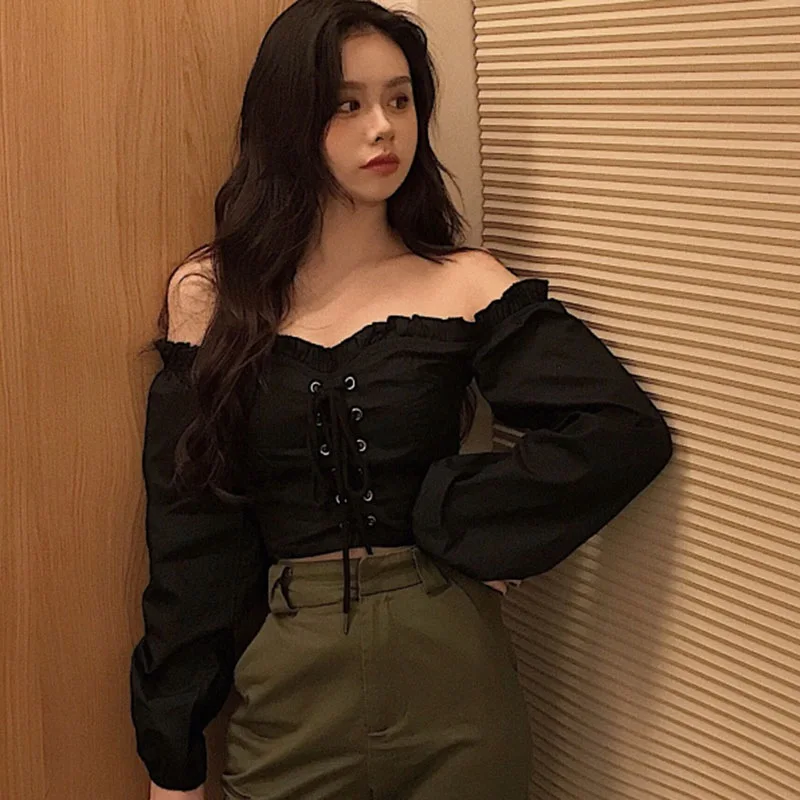 Женская блузка с открытыми плечами короткая Весенняя рубашка высокой талией и