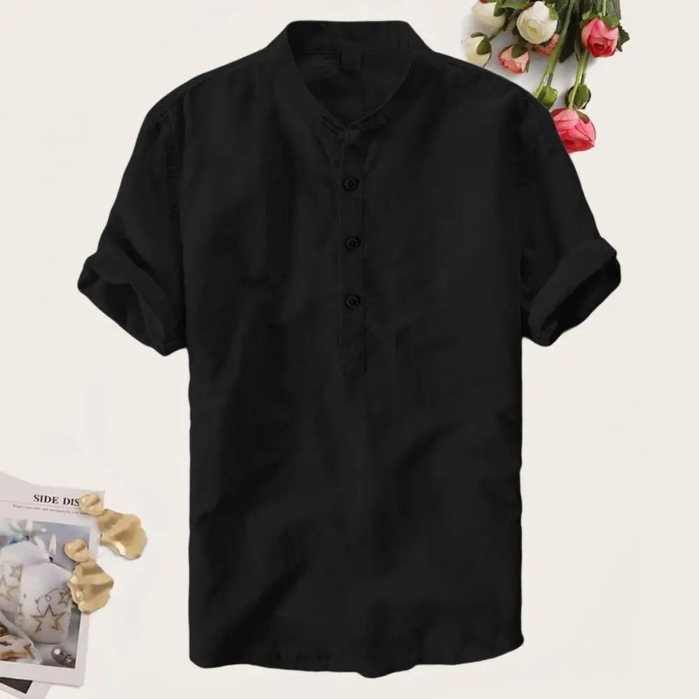 

Stylish Mid-aged Men's Short Sleeve Shirt with Stand Collar Half Placket for Office Wear